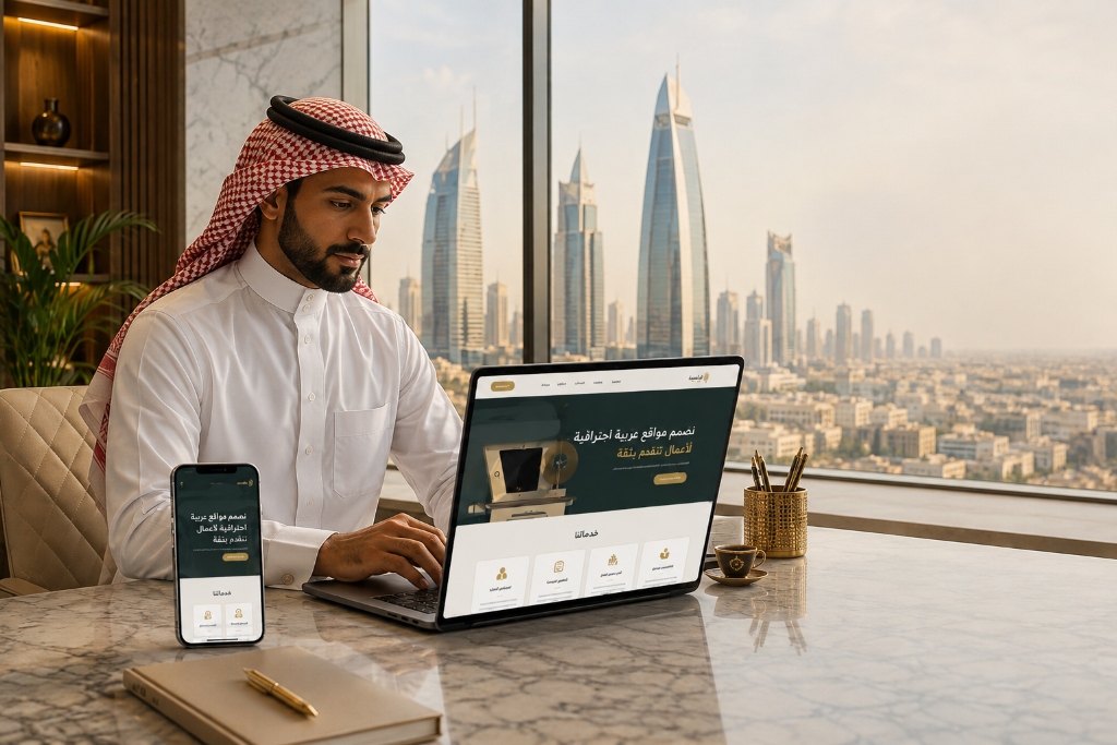Business executive working on laptop with an Arabic-first website